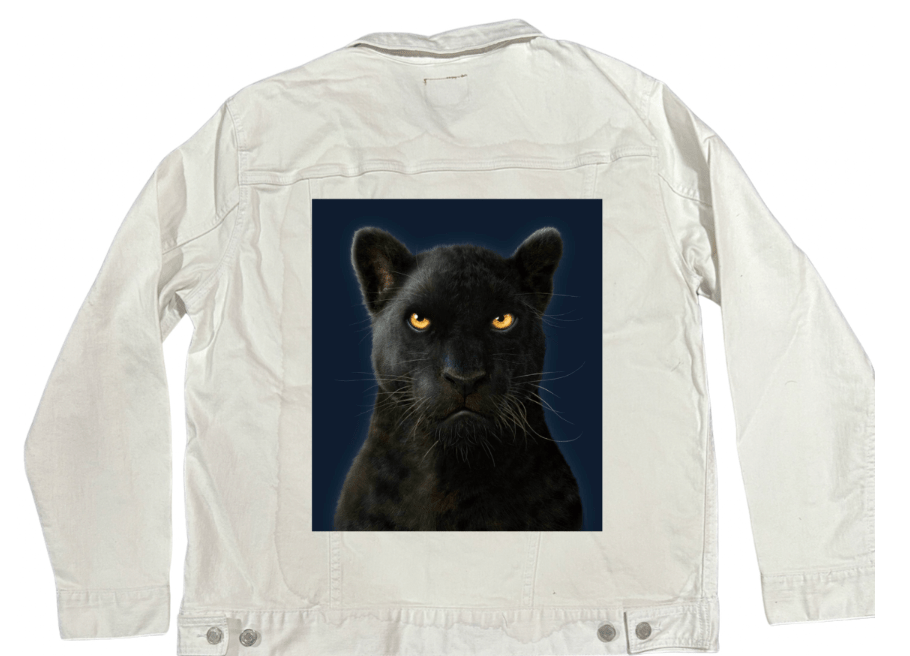 BLACK PANTHER by VINCENT HIE, printed on denim jackets and other denim products: tote bags, throw pillows, table place mats, aprons