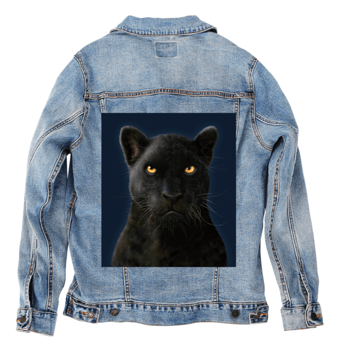 BLACK PANTHER by VINCENT HIE, printed on denim jackets and other denim products: tote bags, throw pillows, table place mats, aprons