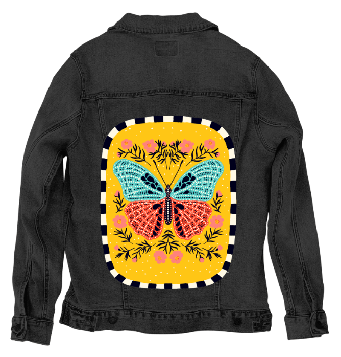 BLOOM and FLUTTER by IndySign, printed on denim jackets and other denim products: tote bags, throw pillows, table place mats, aprons