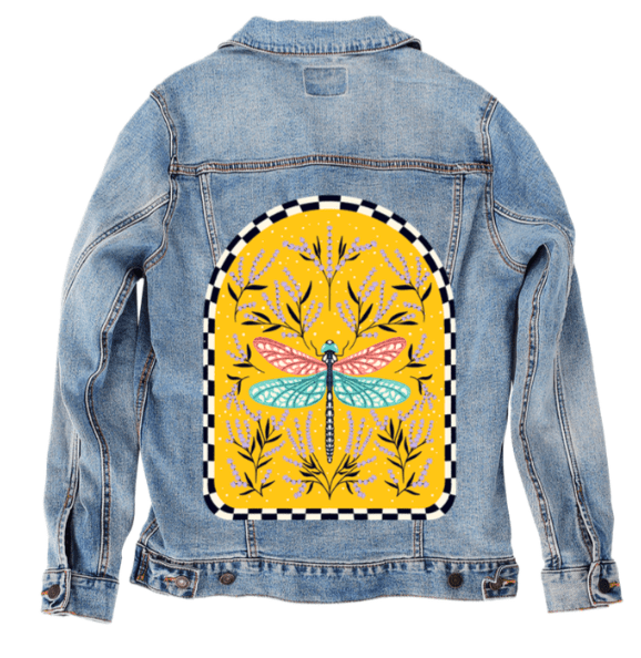 BLOOM AND FLUTTER DRAGONFLY by IndySign, printed on denim jackets and other denim products: tote bags, throw pillows, table place mats, aprons