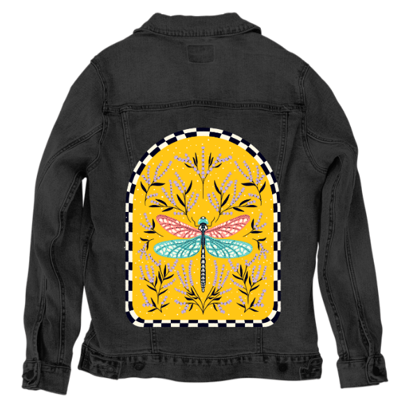 BLOOM AND FLUTTER DRAGONFLY by IndySign, printed on denim jackets and other denim products: tote bags, throw pillows, table place mats, aprons