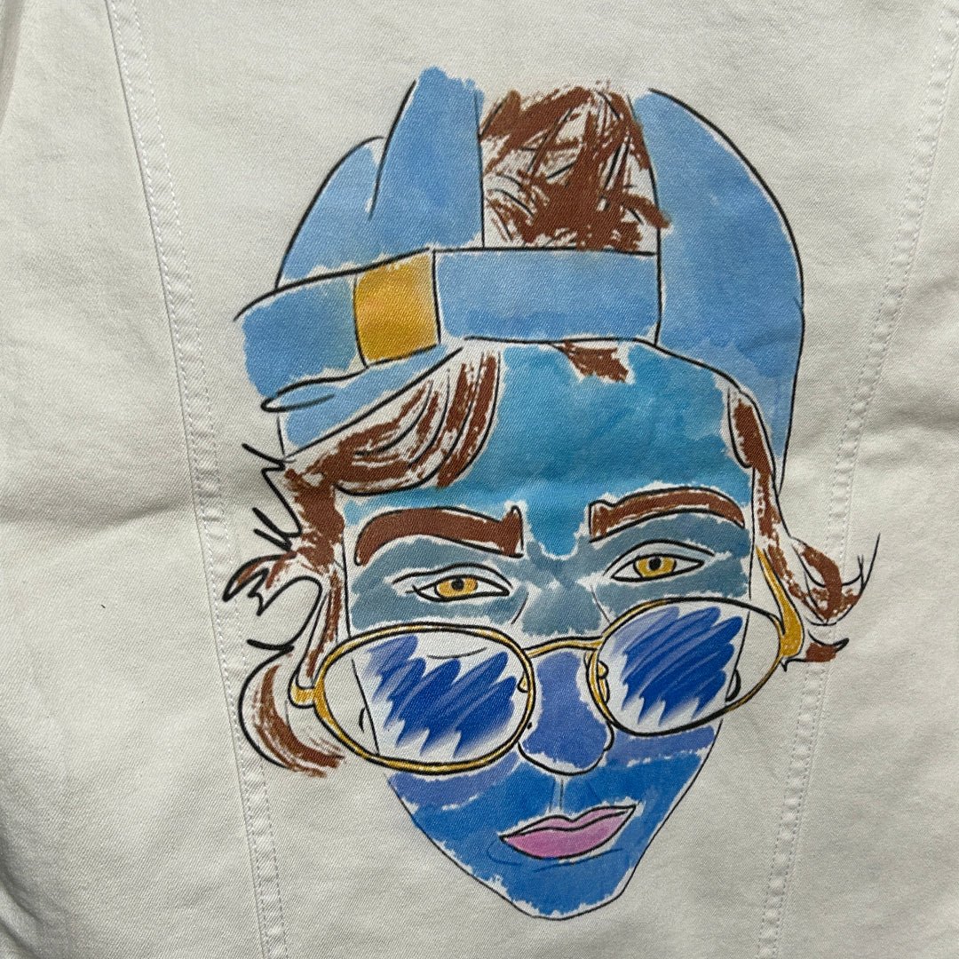 AS - IS. 1. Illustrated Face. ONE - OF - ONE. Printed Denim Jacket — Medium / White custom denim jacket by DenimINK