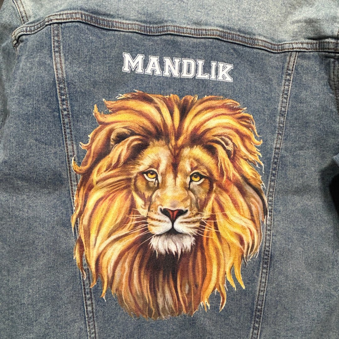 AS - IS. 3. Lion Portrait. ONE - OF - ONE. Printed Denim Jacket — Medium / Stonewashed custom denim jacket by DenimINK