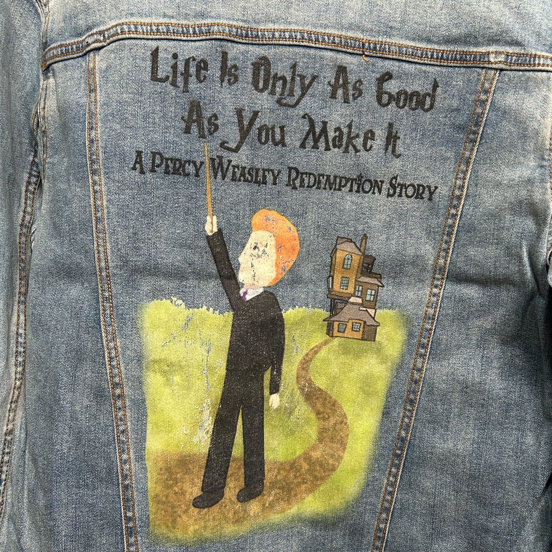 AS - IS. 9. "Life Is Only As Good As You Make It." ONE - OF - ONE. Printed Denim Jacket — Medium / Stonewashed custom denim jacket by DenimINK