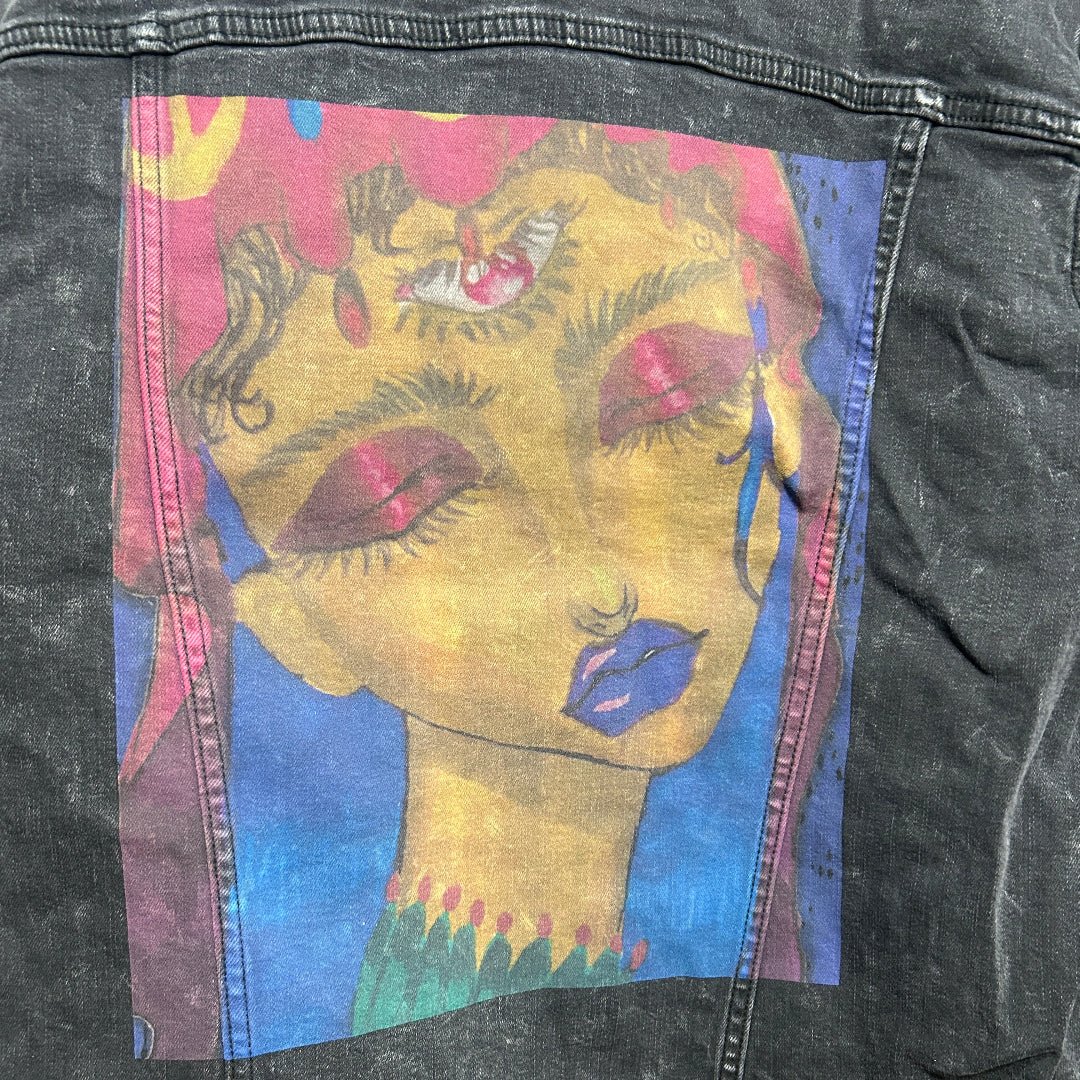 AS - IS. 11. Painted Portrait. ONE - OF - ONE. Printed Denim Jacket — XL / Black custom denim jacket by DenimINK
