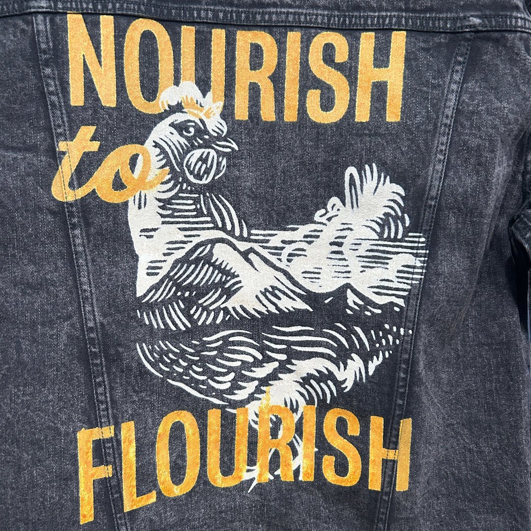 AS - IS. 12. Nourish To Flourish. ONE - OF - ONE. Printed Denim Jacket — Medium / Black custom denim jacket by DenimINK