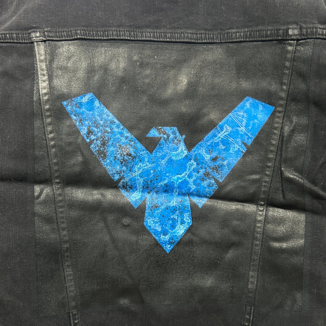 AS - IS. 17. Blue Winged Emblem. ONE - OF - ONE. Printed Denim Jacket — XL / Black custom denim jacket by DenimINK