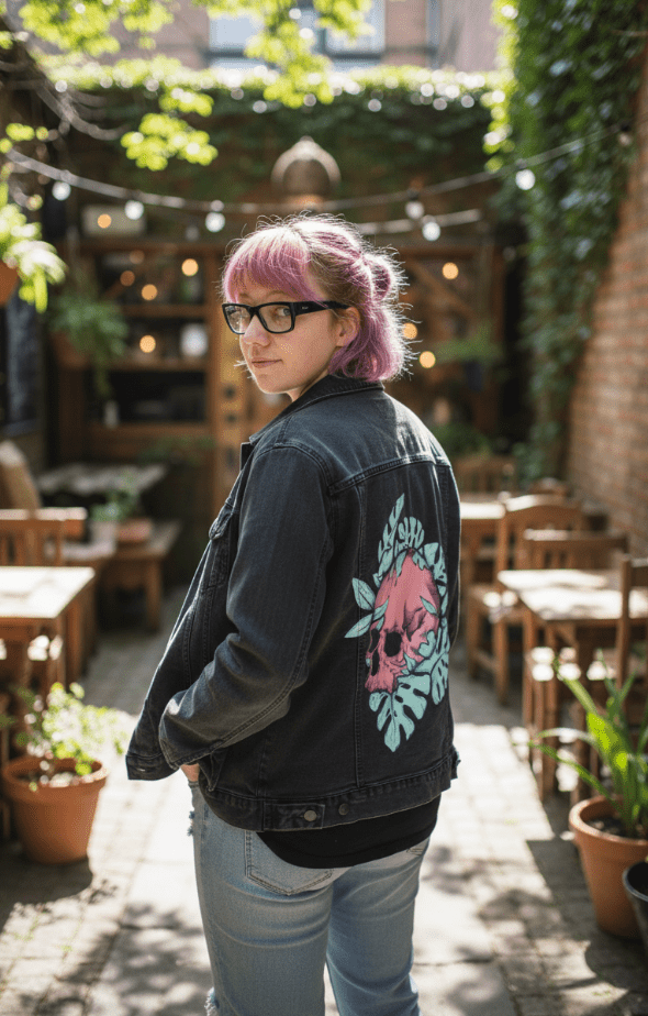 BLUE FLORAL SKULL by JESS ADAMS, digitally printed on DENIM products: throw pillows, aprons, table place mats, and hand-crafted Unisex Denim Jackets in 3 color choices