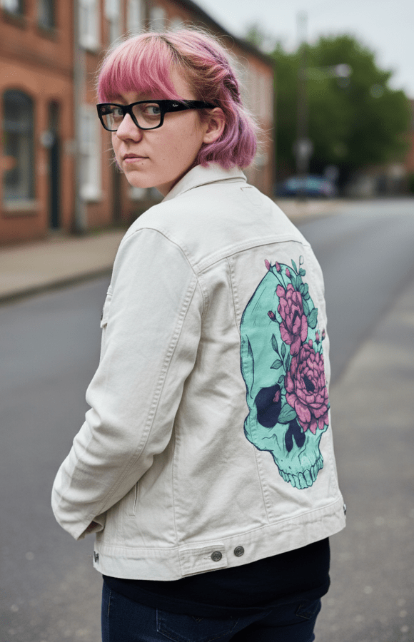 BLUE FLORAL SKULL by JESS ADAMS, digitally printed on DENIM products: throw pillows, aprons, table place mats, and hand-crafted Unisex Denim Jackets in 3 color choices