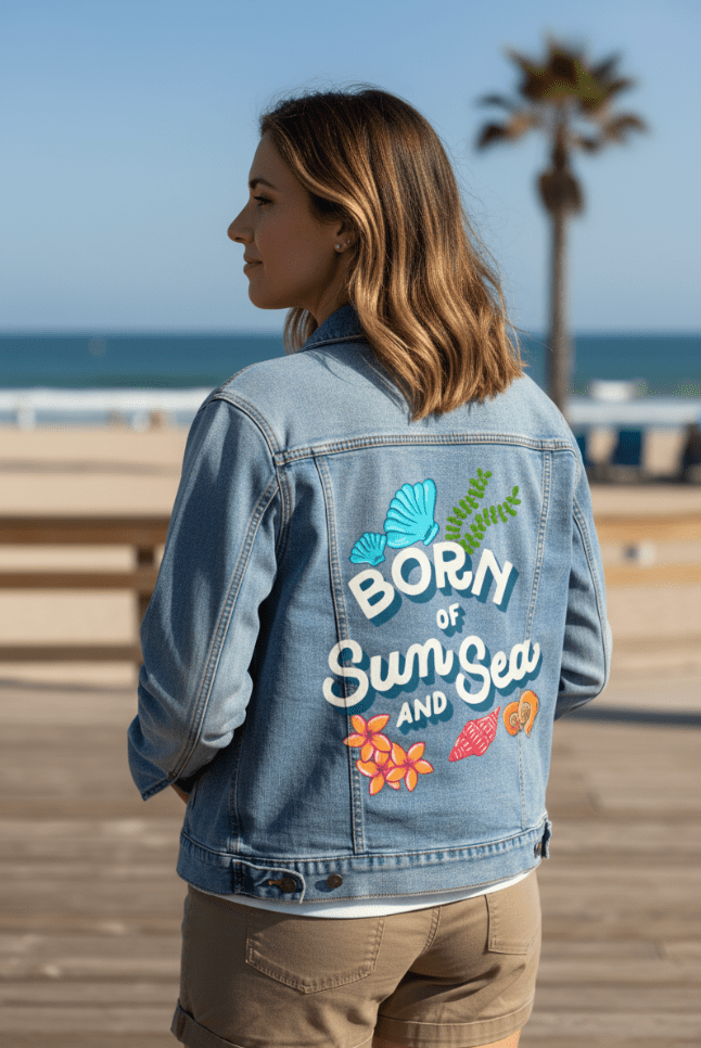 BORN OF SUN AND SEA by IndySign, printed on denim jackets and other denim products: tote bags, throw pillows, table place mats, aprons