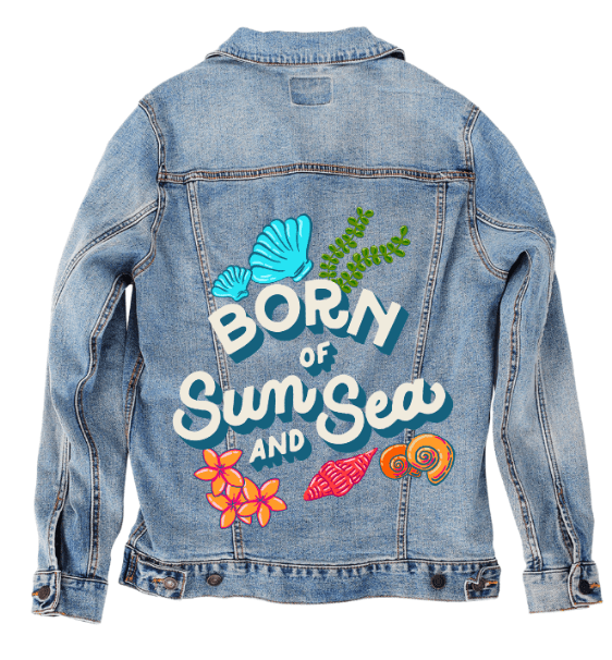 BORN OF SUN AND SEA by IndySign, printed on denim jackets and other denim products: tote bags, throw pillows, table place mats, aprons