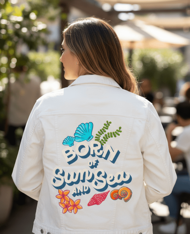 BORN OF SUN AND SEA by IndySign, printed on denim jackets and other denim products: tote bags, throw pillows, table place mats, aprons