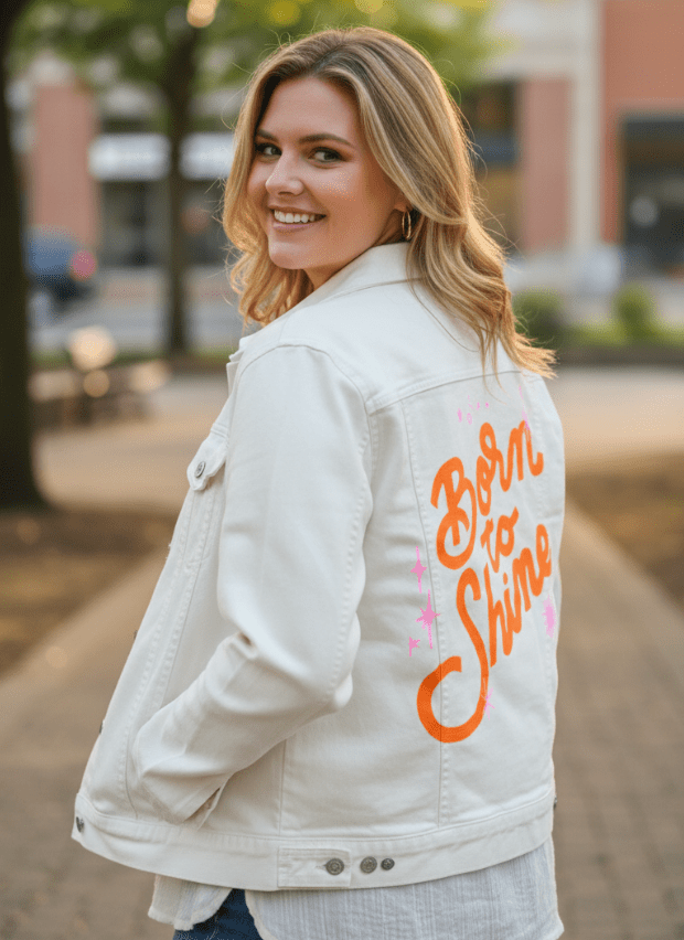 BORN TO SHINE by IndySign, printed on denim jackets and other denim products: tote bags, throw pillows, table place mats, aprons