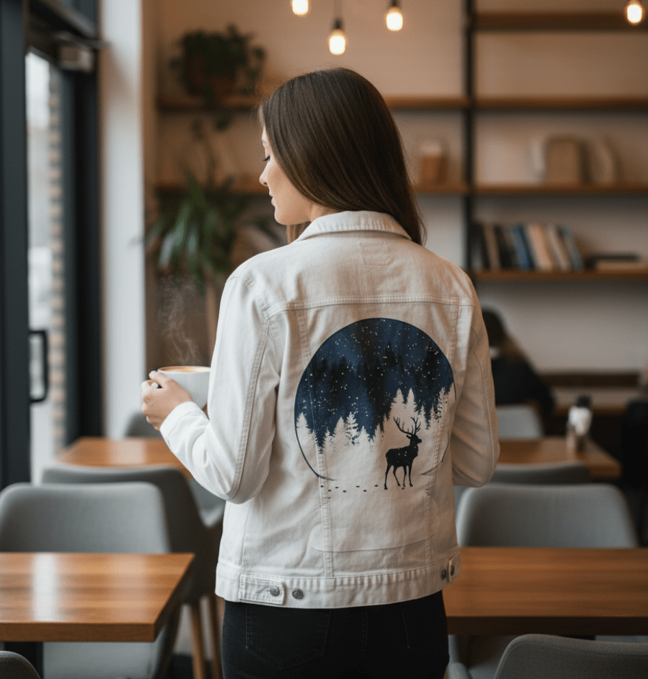 BOULE à NEIGE, by TOBE FONSECA, printed on denim jackets and other denim products: tote bags, throw pillows, table place mats, aprons