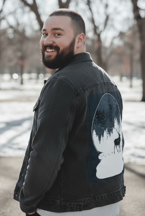 BOULE à NEIGE, by TOBE FONSECA, printed on denim jackets and other denim products: tote bags, throw pillows, table place mats, aprons