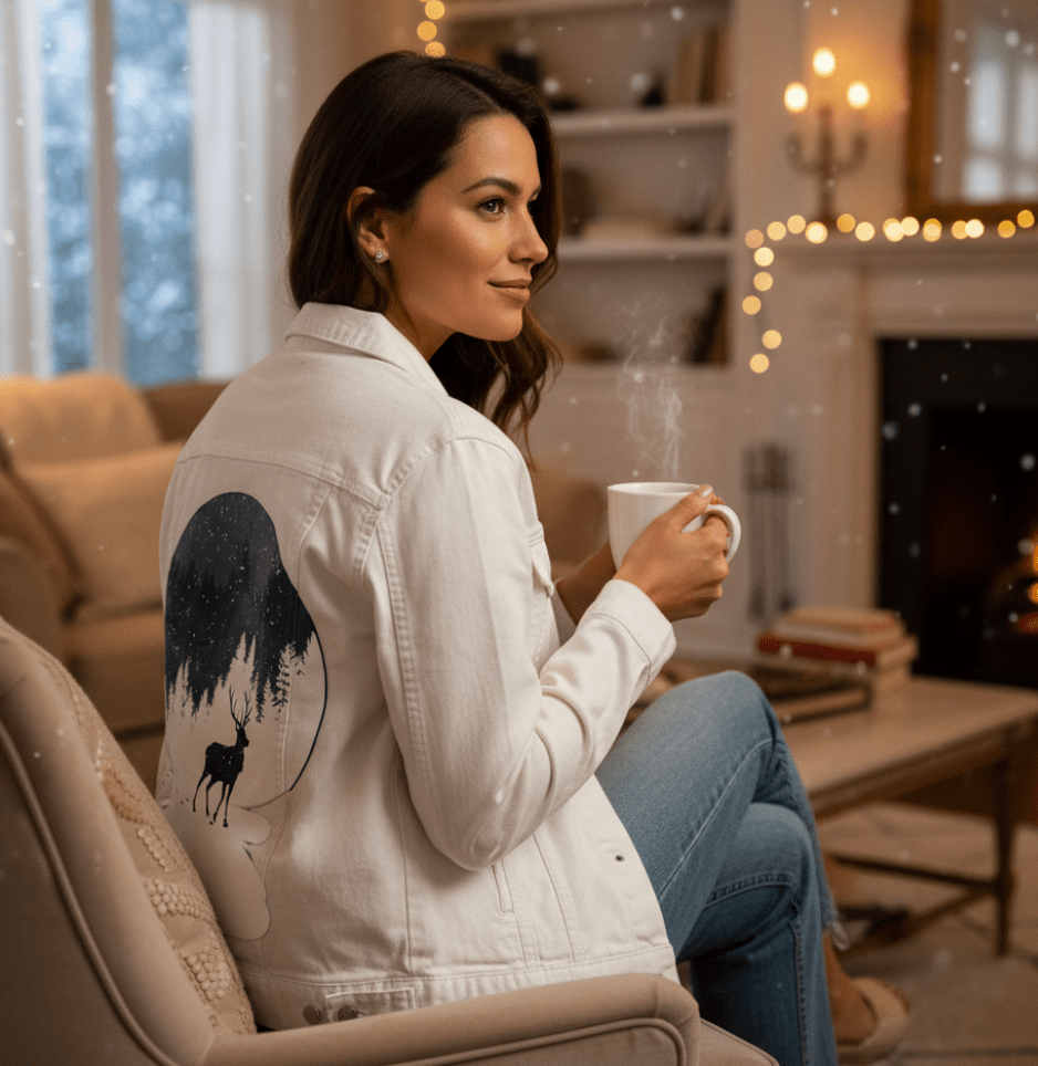 BOULE à NEIGE, by TOBE FONSECA, printed on denim jackets and other denim products: tote bags, throw pillows, table place mats, aprons