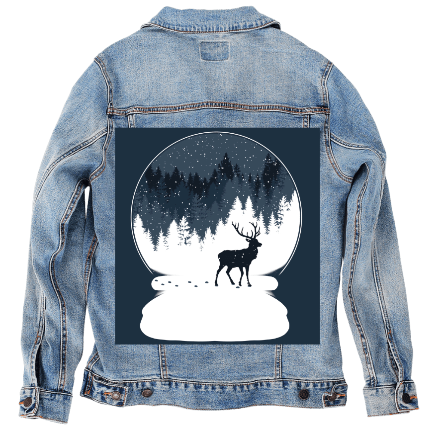BOULE à NEIGE, by TOBE FONSECA, printed on denim jackets and other denim products: tote bags, throw pillows, table place mats, aprons