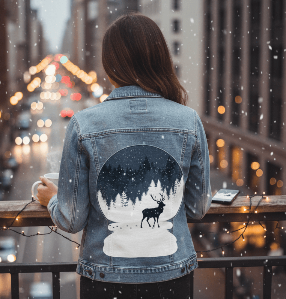BOULE à NEIGE, by TOBE FONSECA, printed on denim jackets and other denim products: tote bags, throw pillows, table place mats, aprons