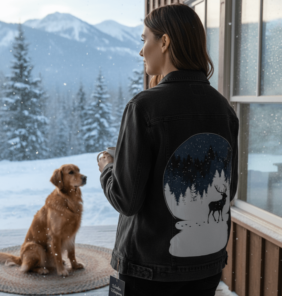 BOULE à NEIGE, by TOBE FONSECA, printed on denim jackets and other denim products: tote bags, throw pillows, table place mats, aprons