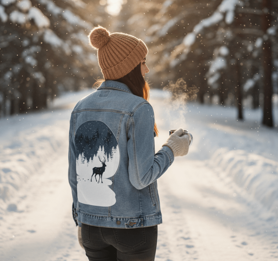 BOULE à NEIGE, by TOBE FONSECA, printed on denim jackets and other denim products: tote bags, throw pillows, table place mats, aprons