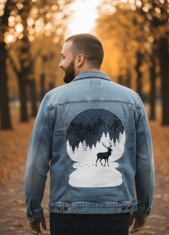 BOULE à NEIGE, by TOBE FONSECA, printed on denim jackets and other denim products: tote bags, throw pillows, table place mats, aprons