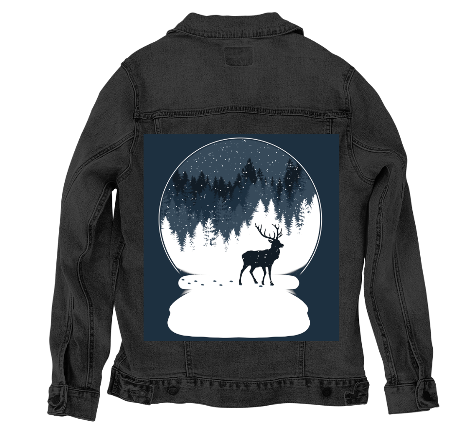 BOULE à NEIGE, by TOBE FONSECA, digitally printed on DENIM products: throw pillows, aprons, table place mats, and hand-made Unisex Denim Jackets in 3 color choices
