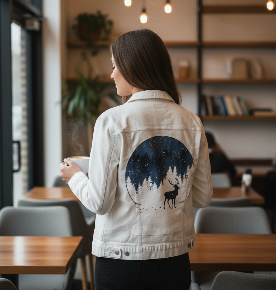 BOULE à NEIGE, by TOBE FONSECA, digitally printed on DENIM products: throw pillows, aprons, table place mats, and hand-made Unisex Denim Jackets in 3 color choices