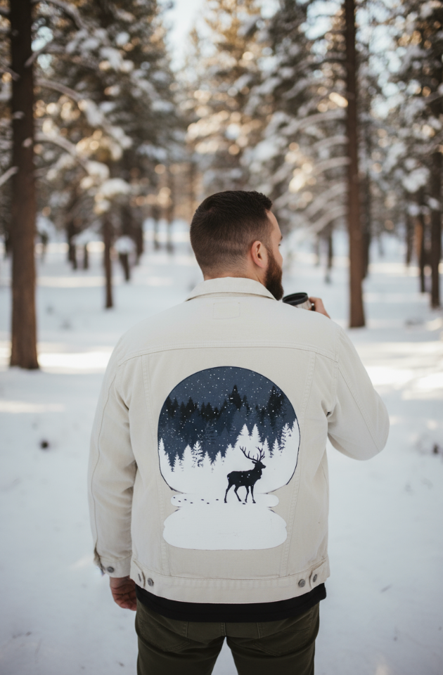 BOULE à NEIGE, by TOBE FONSECA, digitally printed on DENIM products: throw pillows, aprons, table place mats, and hand-made Unisex Denim Jackets in 3 color choices