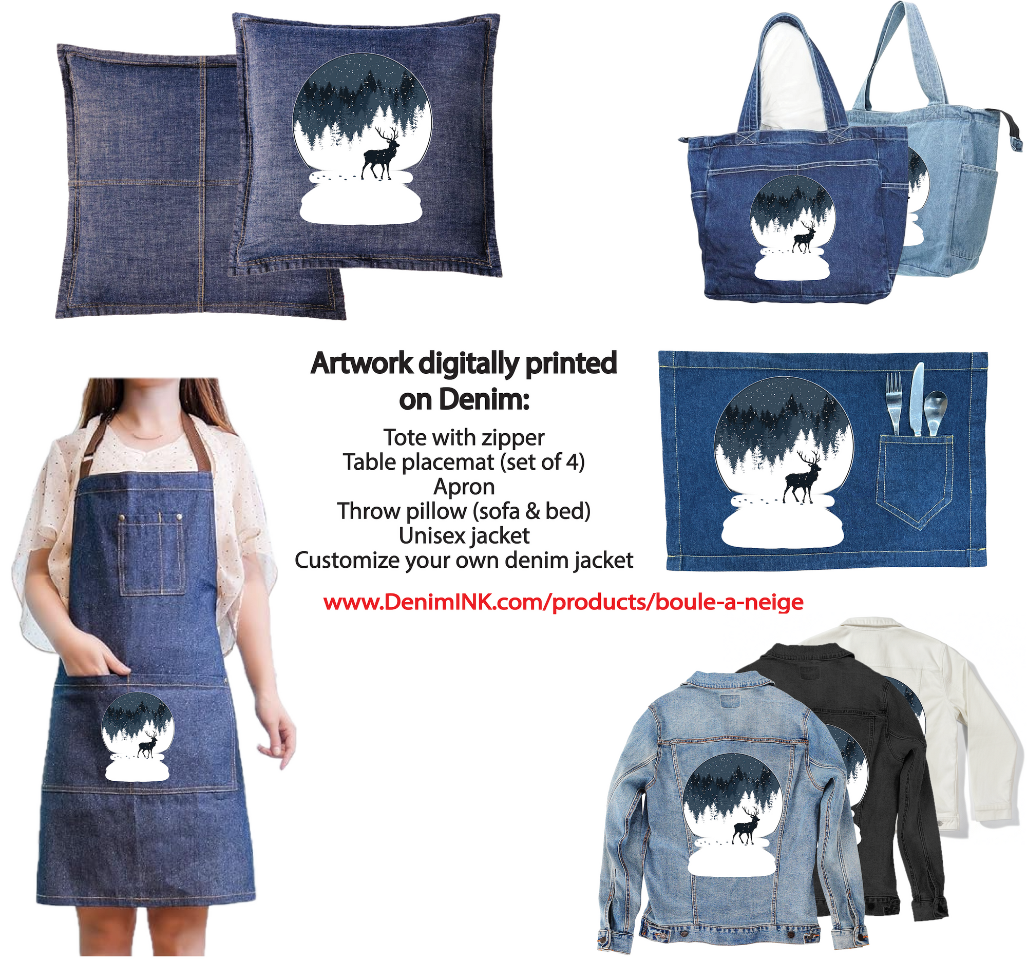 BOULE à NEIGE, by TOBE FONSECA, digitally printed on DENIM products: throw pillows, aprons, table place mats, and hand-made Unisex Denim Jackets in 3 color choices