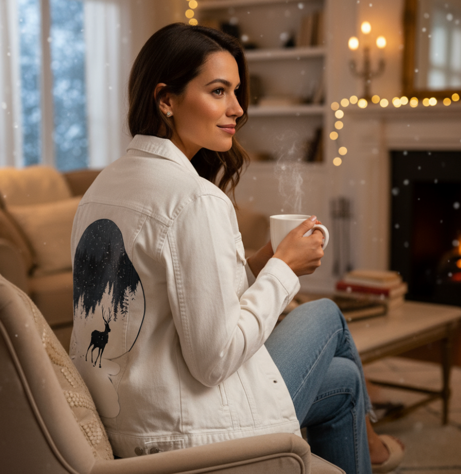 BOULE à NEIGE, by TOBE FONSECA, digitally printed on DENIM products: throw pillows, aprons, table place mats, and hand-made Unisex Denim Jackets in 3 color choices