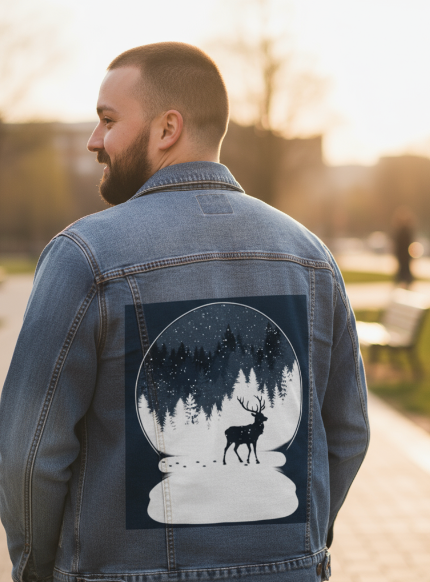 BOULE à NEIGE, by TOBE FONSECA, digitally printed on DENIM products: throw pillows, aprons, table place mats, and hand-made Unisex Denim Jackets in 3 color choices