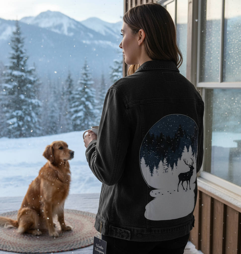 BOULE à NEIGE, by TOBE FONSECA, digitally printed on DENIM products: throw pillows, aprons, table place mats, and hand-made Unisex Denim Jackets in 3 color choices