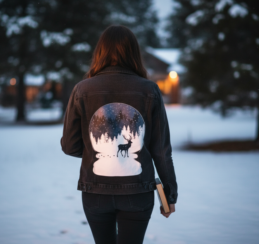 BOULE à NEIGE, by TOBE FONSECA, digitally printed on DENIM products: throw pillows, aprons, table place mats, and hand-made Unisex Denim Jackets in 3 color choices