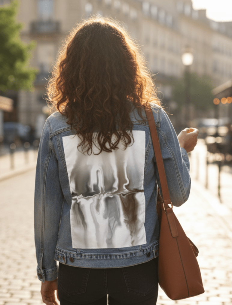 BROWN REFLECTION by RaMir DESIGNS, printed on denim jackets and other denim products: tote bags, throw pillows, table place mats, aprons