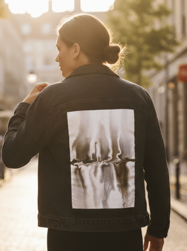 BROWN REFLECTION by RaMir DESIGNS, printed on denim jackets and other denim products: tote bags, throw pillows, table place mats, aprons