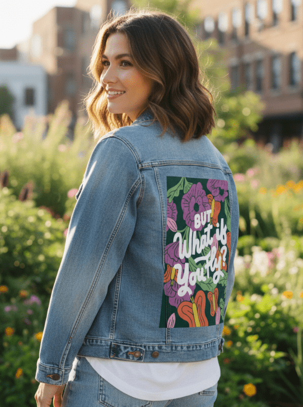 BUT WHAT IF YOU FLY by IndySign, printed on denim jackets and other denim products: tote bags, throw pillows, table place mats, aprons