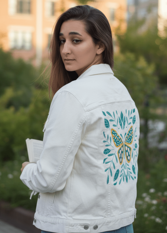 BUTTERFLY by HEND SHEHATA, printed on denim jackets and other denim products: tote bags, throw pillows, table place mats, aprons