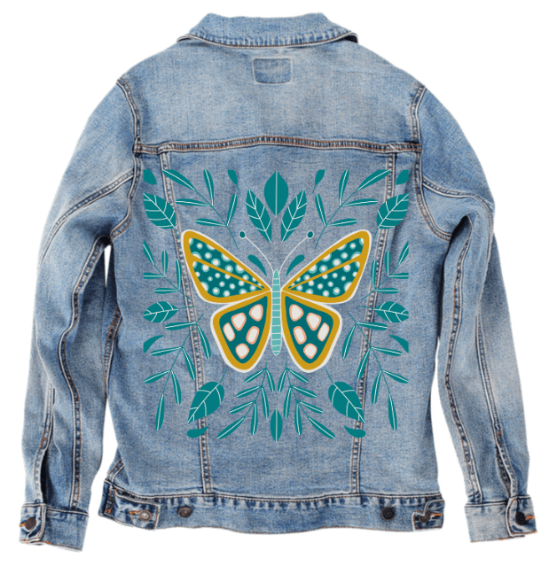 BUTTERFLY by HEND SHEHATA, printed on denim jackets and other denim products: tote bags, throw pillows, table place mats, aprons