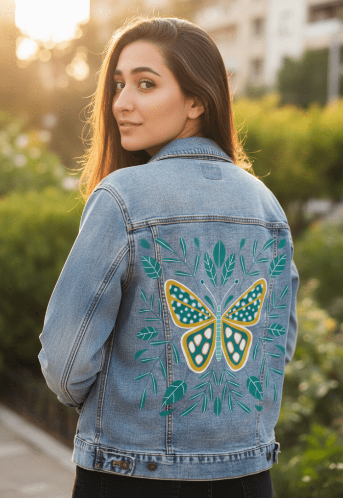 BUTTERFLY by HEND SHEHATA, printed on denim jackets and other denim products: tote bags, throw pillows, table place mats, aprons
