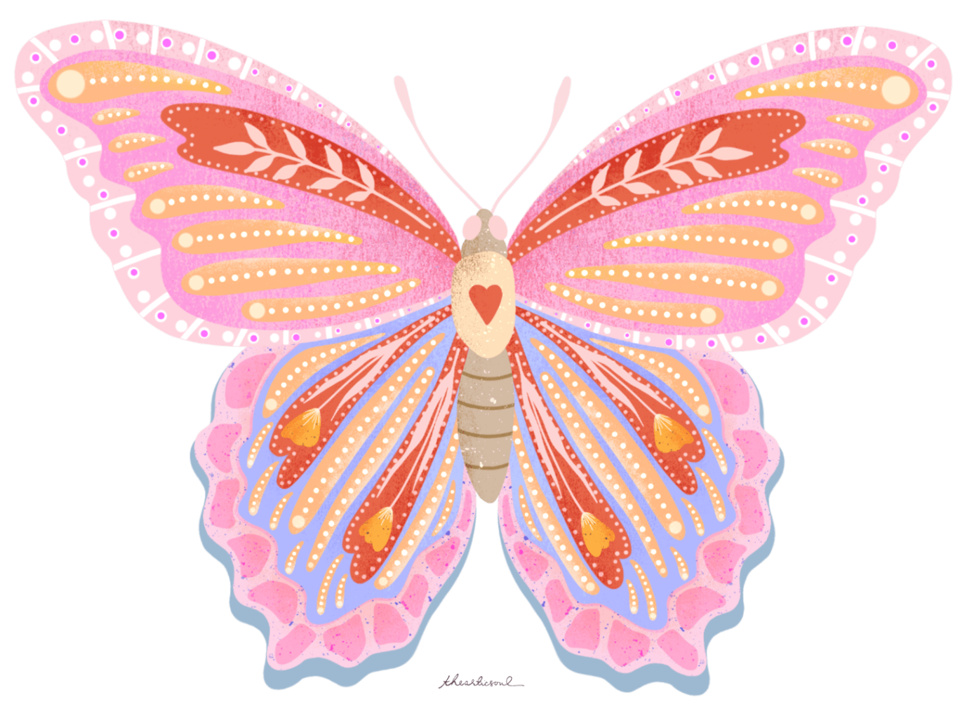 A large butterfly shown with wings fully spread, centered & symmetrical. The wings are layered with pink, coral, peach, lavender, & soft blue sections, decorated with dotted lines, oval shapes, & leaf-like motifs. Small heart shapes appear within the lower wings, & a red heart mark sits on the butterfly’s pale beige body. The antennae curve upward evenly, & the wings are edged with rounded scallops & fine dot patterns. The background is transparent with no visible color field. "Butterfly" by thearticsoul