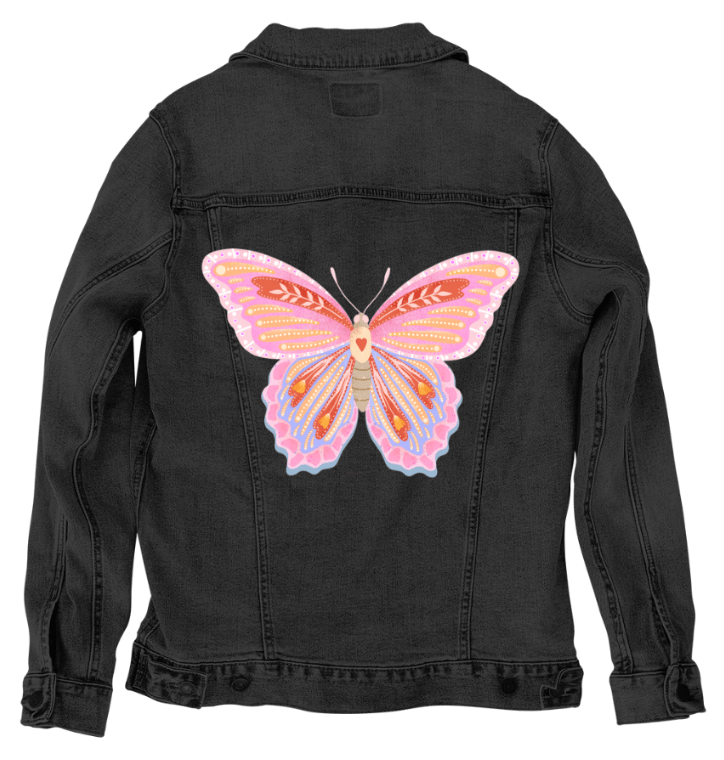 BUTTERFLY by thearticsoul, printed on denim jackets and other denim products: tote bags, throw pillows, table place mats, aprons