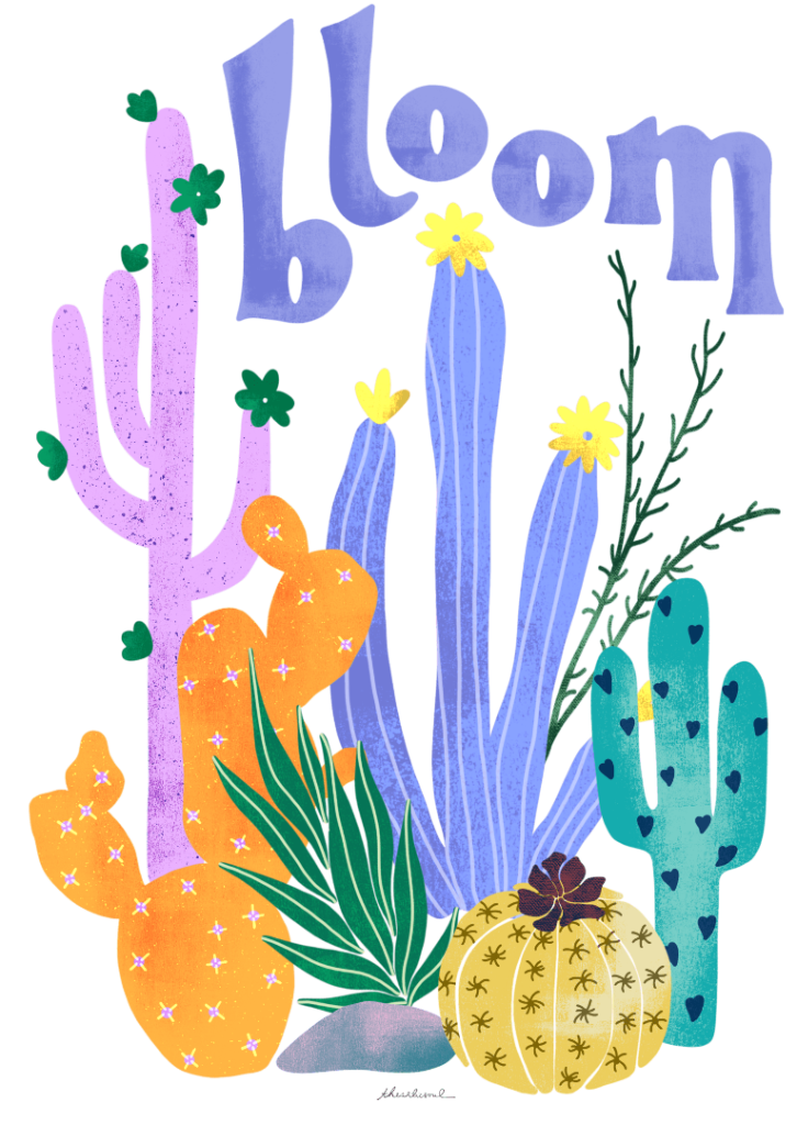 The word “bloom” written in rounded lavender letters above a group of stylized cacti & desert plants. The scene includes tall blue columnar cacti topped with small yellow flowers, a pink branching cactus with green pads, orange & teal cacti with dotted 7 heart-shaped markings, & a round yellow cactus with star-like spines & a small dark flower. Green leaves & stems fill the lower area. The background is transparent with no visible ground or color field. This artwork is titled “Cactus Blooms” by thearticsoul
