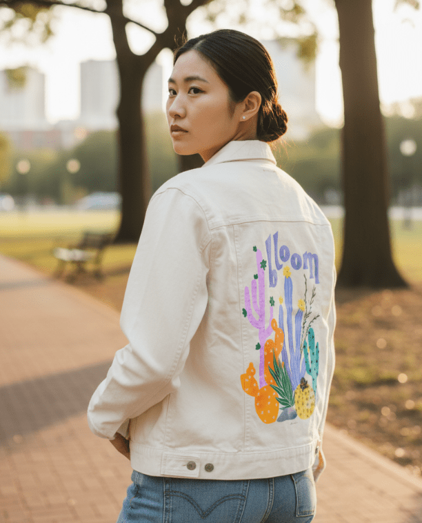 CACTUS BLOOMS by thearticsoul, printed on denim jackets and other denim products: tote bags, throw pillows, table place mats, aprons
