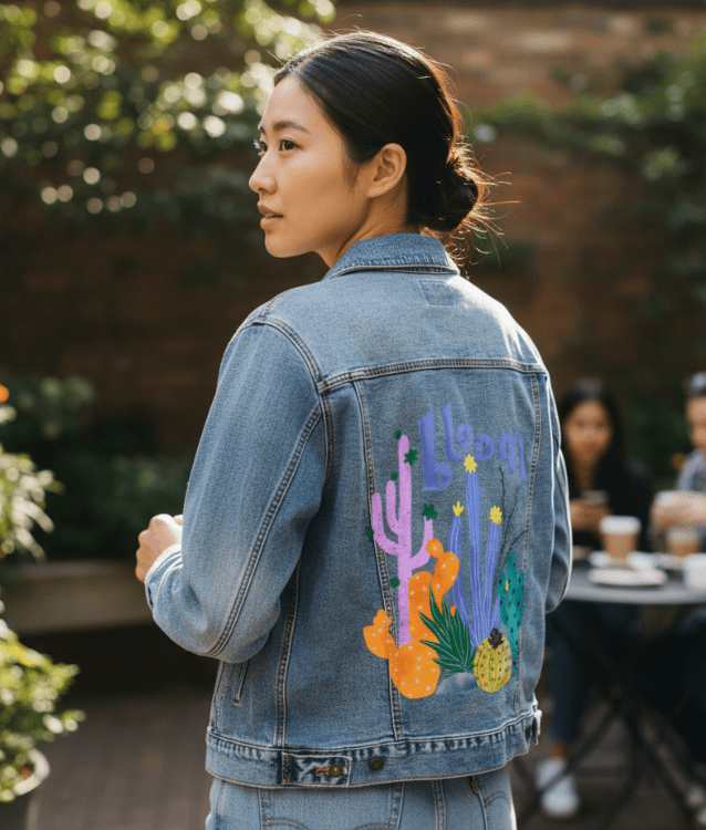 CACTUS BLOOMS by thearticsoul, printed on denim jackets and other denim products: tote bags, throw pillows, table place mats, aprons