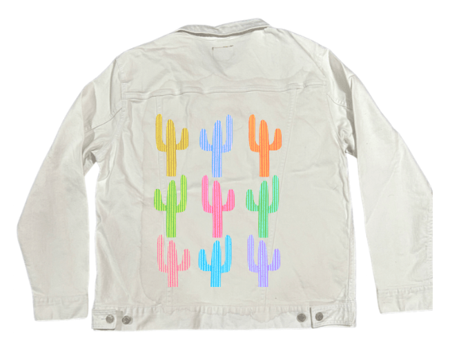 CACTUS GARDEN by HEND SHEHATA, printed on denim jackets and other denim products: tote bags, throw pillows, table place mats, aprons