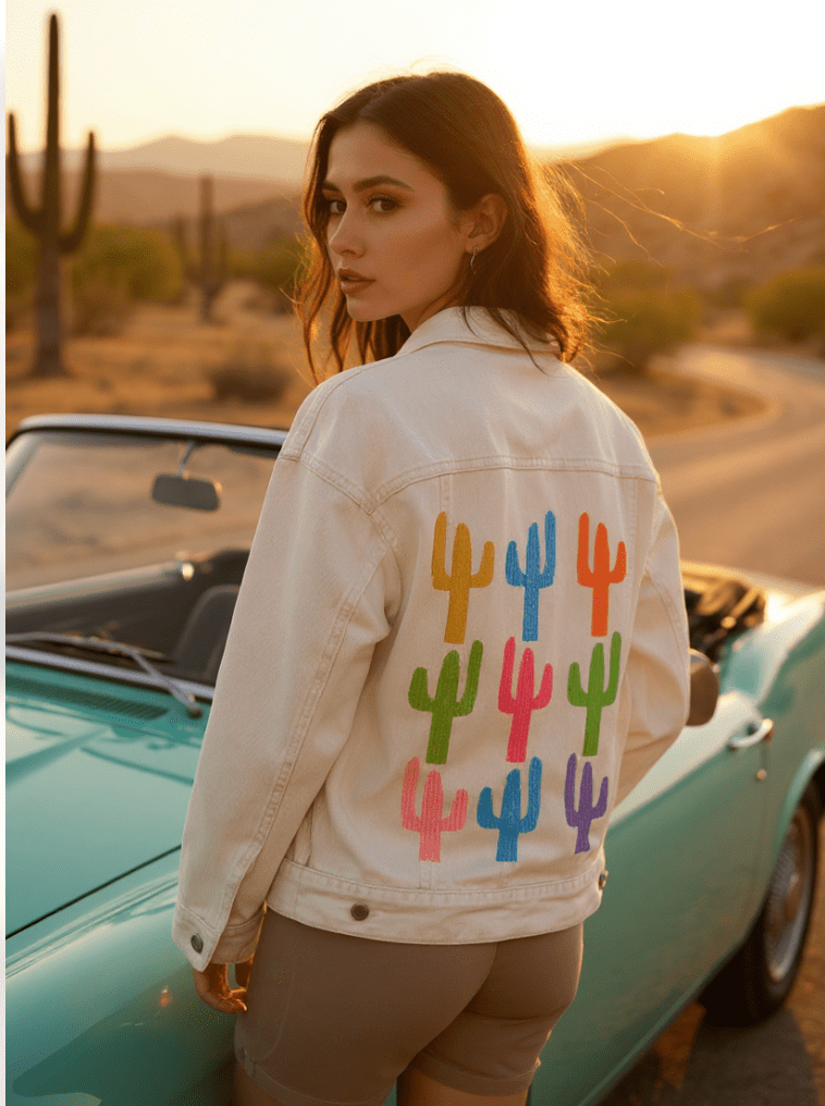 CACTUS GARDEN by HEND SHEHATA, printed on denim jackets and other denim products: tote bags, throw pillows, table place mats, aprons