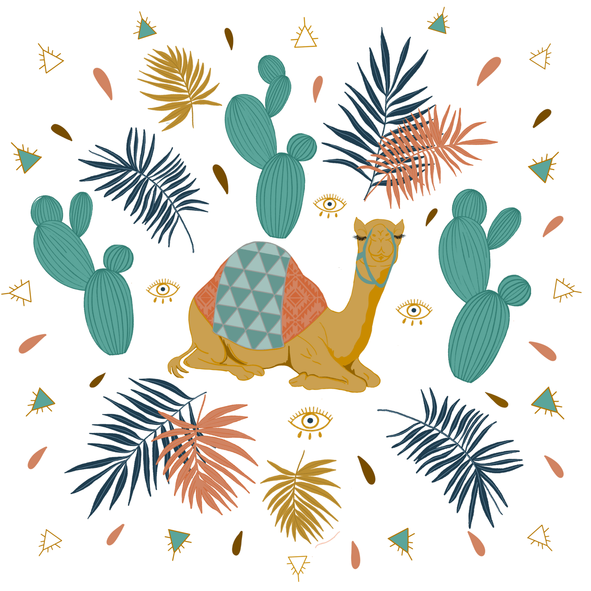 CAMEL by HEND SHEHATA, printed on denim jackets and other denim products: tote bags, throw pillows, table place mats, aprons