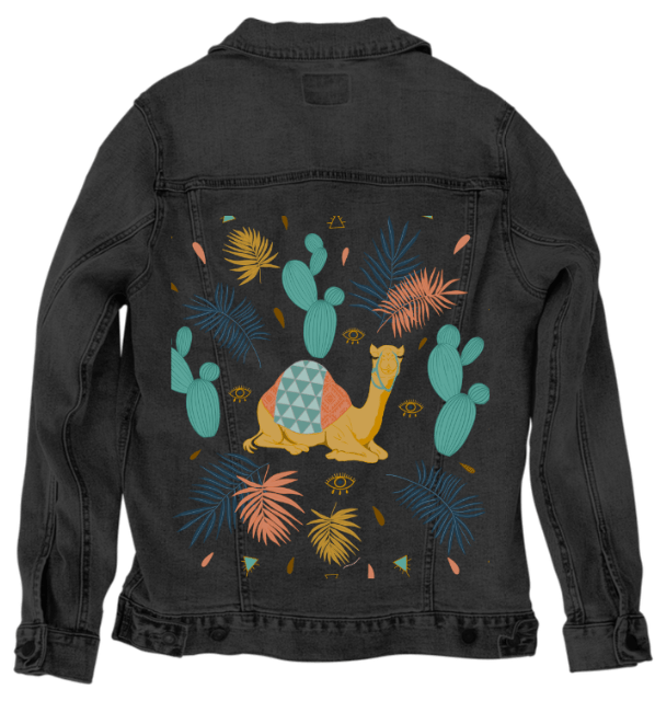 CAMEL by HEND SHEHATA, printed on denim jackets and other denim products: tote bags, throw pillows, table place mats, aprons