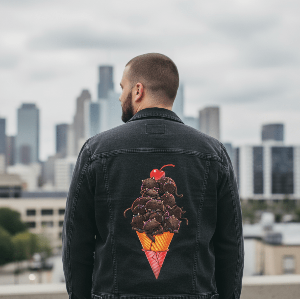 CAT ICE CREAM by TOBE FONSECA, digitally printed on DENIM products: throw pillows, aprons, table place mats, and hand-crafted Unisex Denim Jackets in 3 color choices