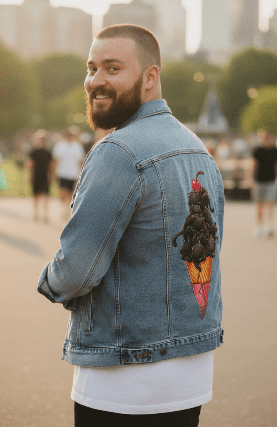 CAT ICE CREAM by TOBE FONSECA, digitally printed on DENIM products: throw pillows, aprons, table place mats, and hand-crafted Unisex Denim Jackets in 3 color choices